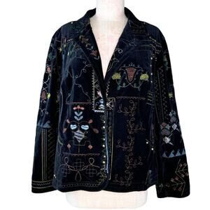 Chico's Black Velvet Embroidered Jacket Women's Size 2 Snap Closure With Pockets